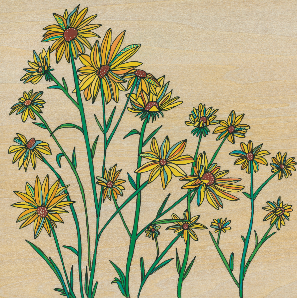Katherine Homes Whorled Sunflowers original watercolor and ink painting on wooden birch panel