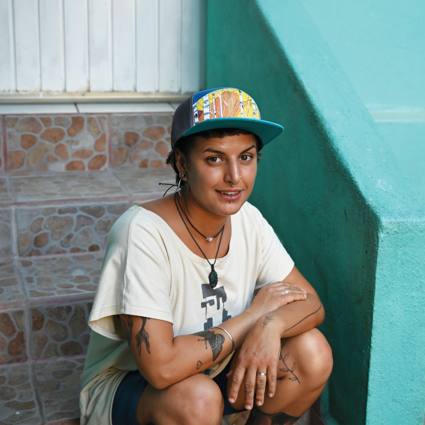 Katherine Homes Aspen baseball cap, trucker hat, recycled mesh, teal, blue, yellow, orange, aspens, trees, autumn, fall