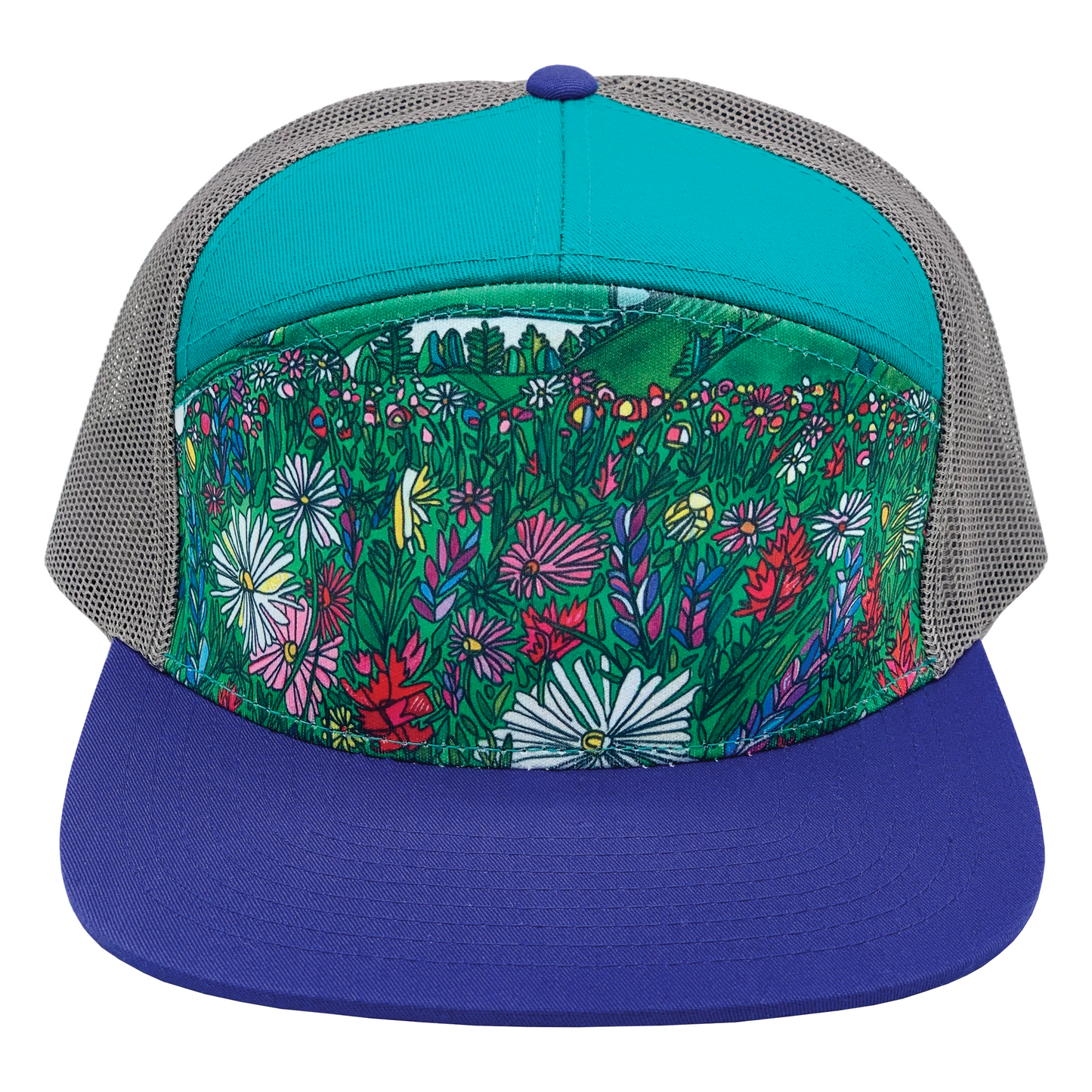 A trucker hat with a solid blue brim, featuring a wildflower medley design