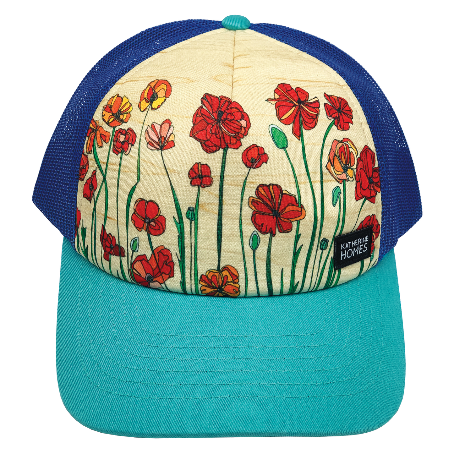 Wild Poppies Royal and Turquoise Trucker Baseball Cap, mesh adjustable  artist  Katherine Homes
