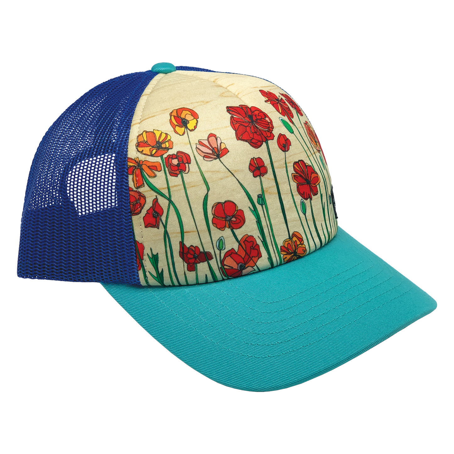 Wild Poppies Royal and Turquoise Trucker Baseball Cap, mesh adjustable  artist  Katherine Homes