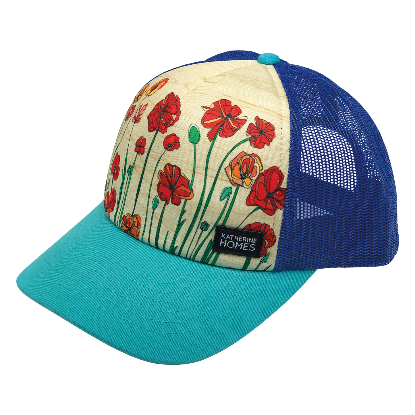Wild Poppies Royal and Turquoise Trucker Baseball Cap, mesh adjustable  artist  Katherine Homes, snapback, unisex