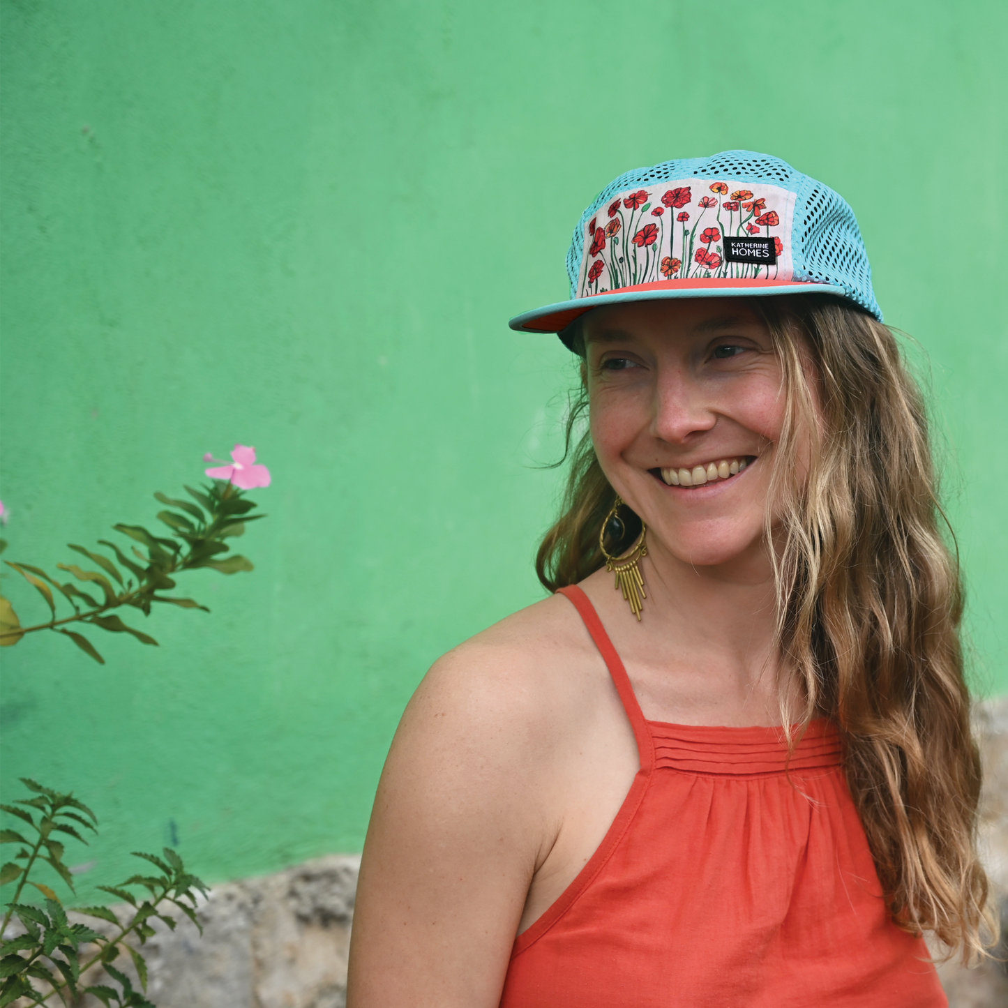 Katherine Homes red poppies hat, running, travel, breathable, lightweight hat
