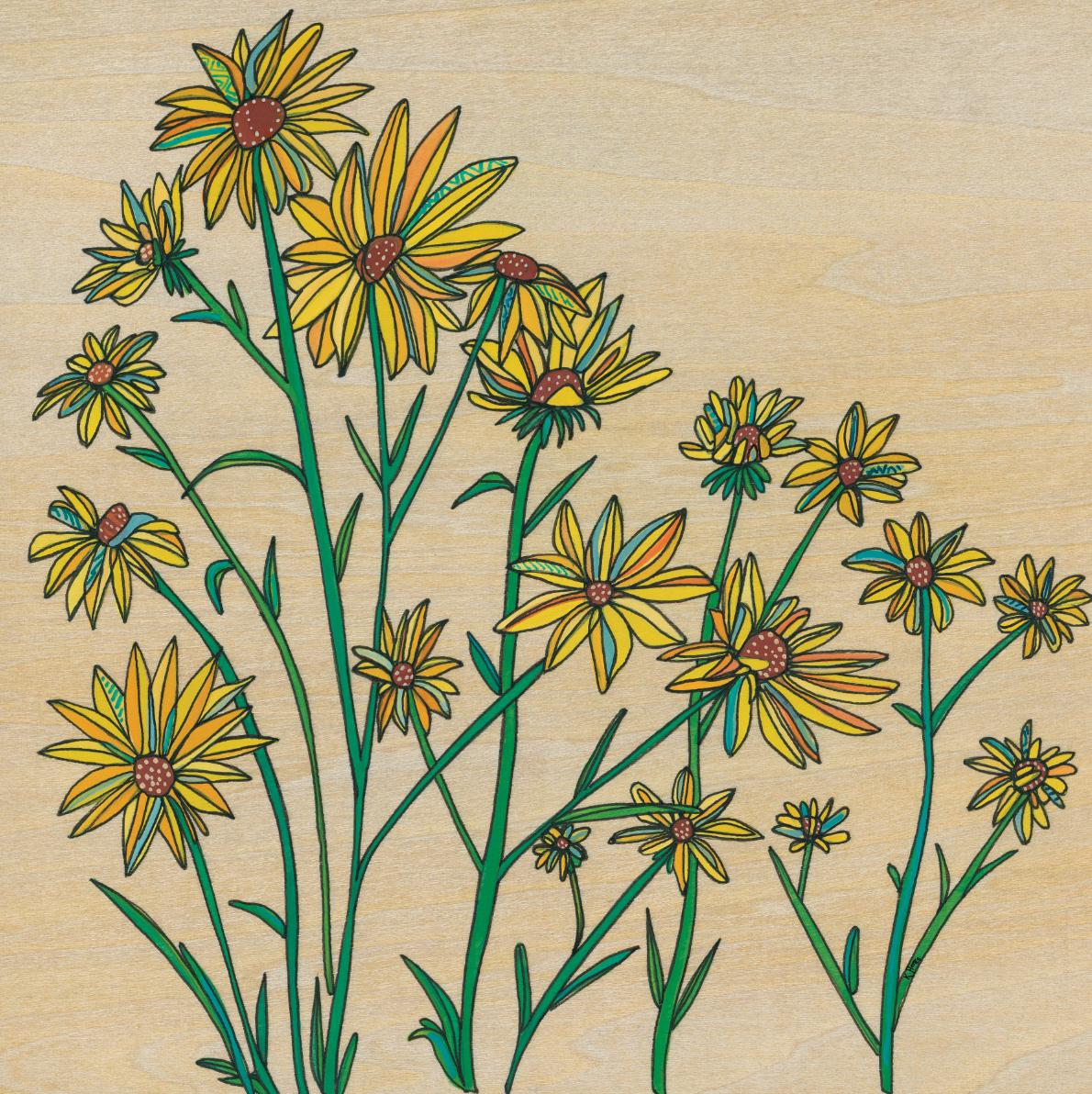 Endangered Whorled Sunflower Painting  artist  Katherine Homes, flowers, watercolor and ink on birch